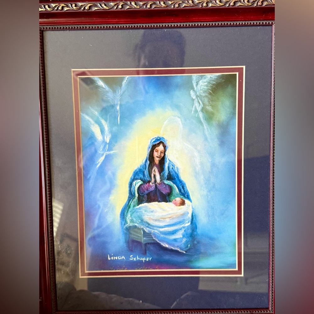 Signed Print By Linda Schafer Art Matted Framed Mary Baby Jesus Religious